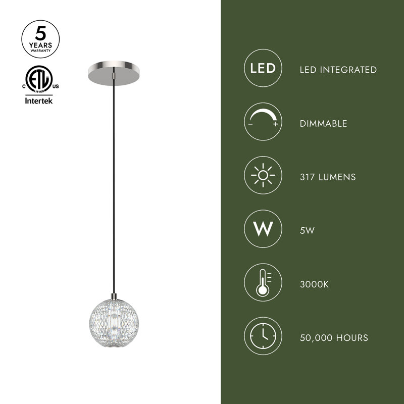 Luminaire suspendu sphère 1 lumière DEL Marni, Nickel poli