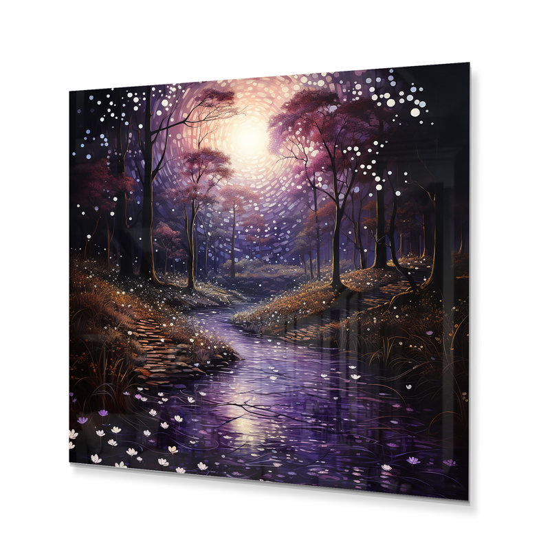 «Purple Forest Mystical Whispers Pointillism», reproduction de paysages sur métal, H 16 po x l 16 po x P 1 po