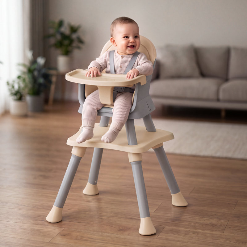 8 in 1 Baby High Chair, Coverts to Dining Booster Seat, Removable Tray & Double Seat Cover, Easy to Wipe, Beige, Gray