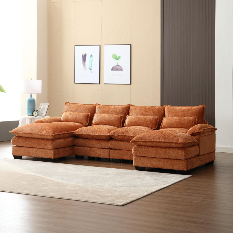 Canapé modulaire Boneless, doux et confortable avec rembourrage en mousse en forme de U, Boucle orange