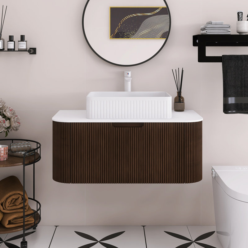 Meuble-lavabo mural 36 po avec bords courbés et conception rayée, armoire de rangement avec tiroir, lavabo rectangulaire en céramique blanche.