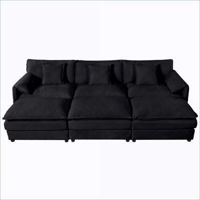 Canapés modulaires, canapé-lit modulaire à siège profond surdimensionné pour salon, 3 repose-pieds et amp; Coussins | Noir | Chenille