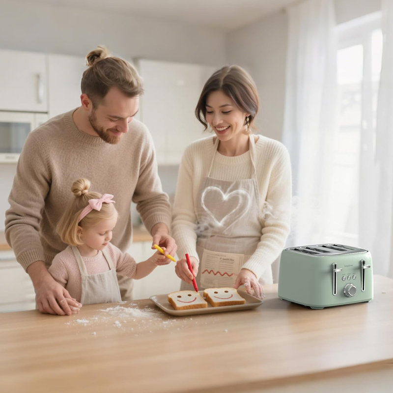 Longdeem 4-slice Toaster 1.5" Extra Wide Slot Stainless Steel With High Lift Lever, 6 Presets & Bagel/defrost/cancel Function, Removal Crumb Tray, Under Base Cord Storage, Green