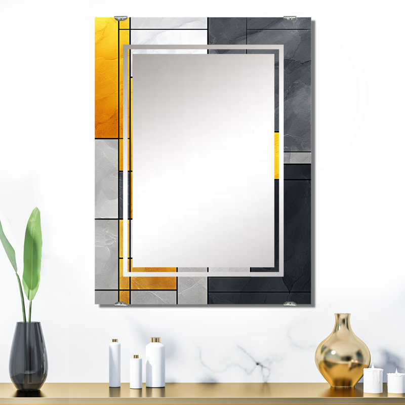 Jaune et gris Fusion géométrique I - Miroir mural abstrait géométrique MIR137555, 32 po x 24 po