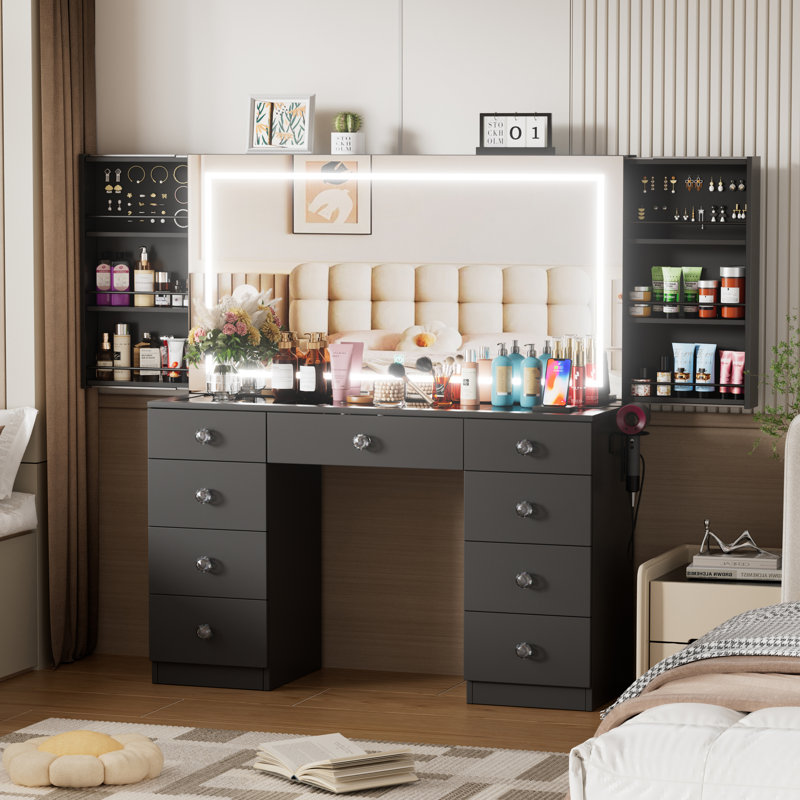 Casanookk Makeup Vanity Desk With Large Mirror And Lights,vanity Table With Glass Top,9 Drawers,3 Color Modes,sliding 2 Wall Mounted Jewelry Storage Racks,suitable For Bedroom Ladies And Girls (black)