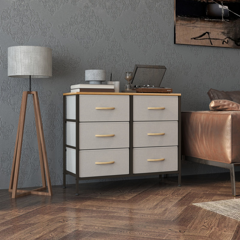  6 Drawer Fabric Chest of Drawers w/ Wooden Top for Hallway Black, Cream White