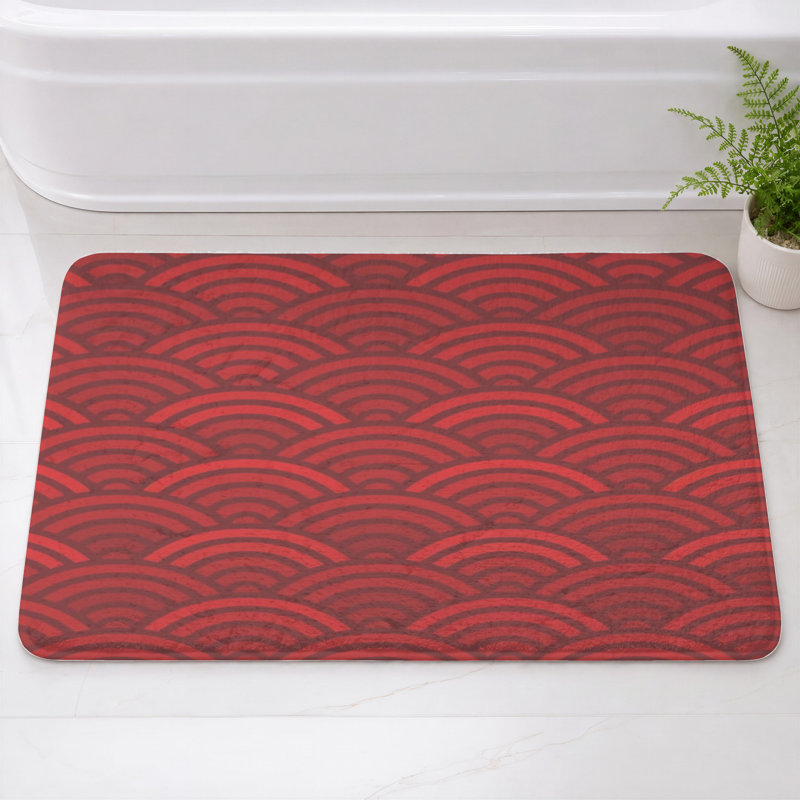 Tapis de bain à motif de vagues japonaises, 24in W x 17in L, Rouge foncé / rouge moyen