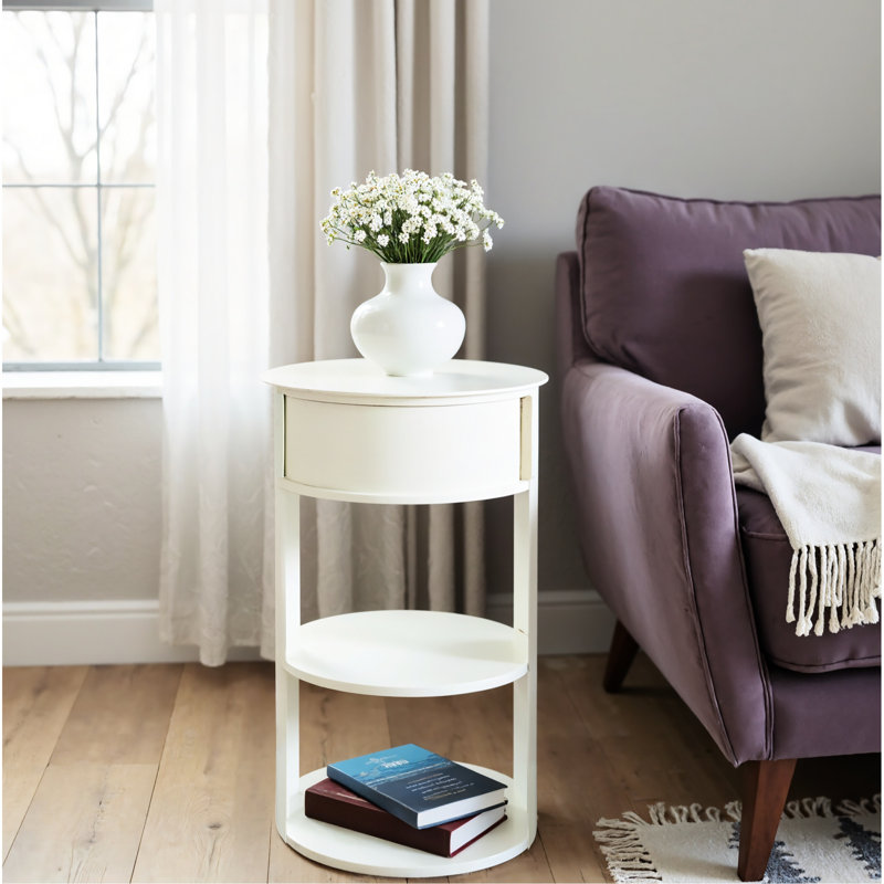 Table d'appoint ronde à 3 niveaux en métal, blanc mat, fer, trois tablettes, porte coulissante sécurisée, sans assemblage, idéale pour un lit ou un lit, convient aux espaces restreints, se déplace parfaitement, complète n'importe quelle table décorative