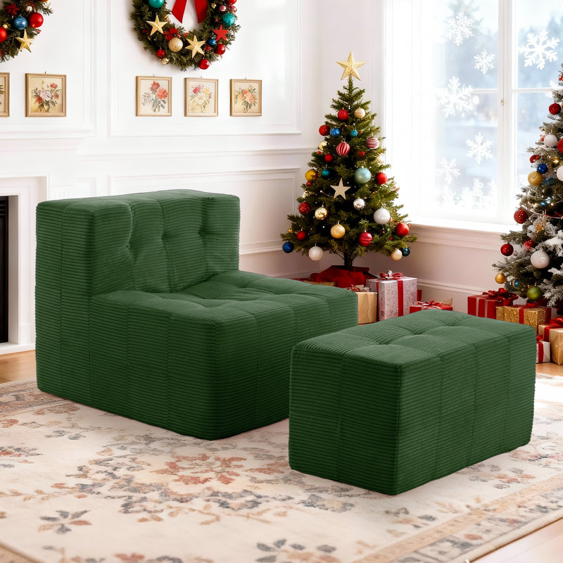 Single Sofa, Armless Floor Sofa with Ottoman, Foam Sofa With Pillow For Living Room and Bedroom, No Assembly Required, Green