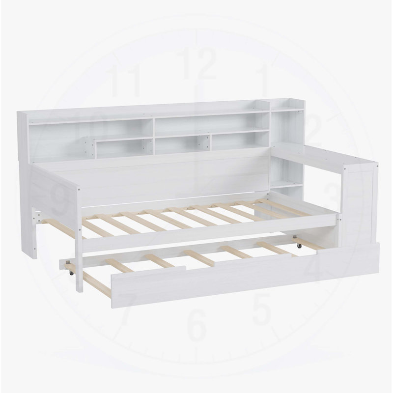 Lit de jour en bois avec tablettes de rangement, lit multifonctionnel avec lit gigogne et bureau , Lit simple, Blanc antique