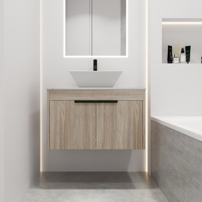 Meuble-lavabo de salle de bain avec lavabo en céramique - Lavabo d'art mural à fermeture en douceur. Blanc, porte lisse, profondeur de 29,36 po, luminaire