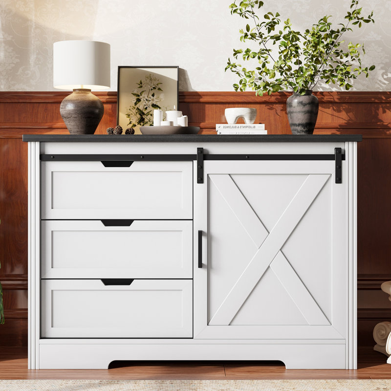 Drawer Dresser, Bar Chest, Dining Sideboard, Storage Cabinet with Silent Sliding Doors and Three Drawers, Space Saving, Suitable for Dining Room, Living Room, Bedroom, etc.