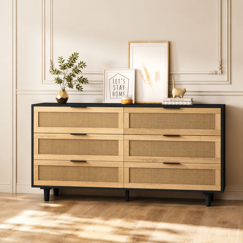 Annslee 59.06" 6-Drawers Rattan Dresser Rattan Bedroom Furniture Rattan Storage Rattan Chest, Black