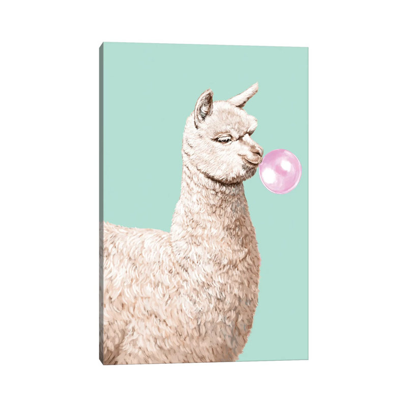 Playful Alpaca Chewing Bibble Gum In Green by Big Nose Work - Wrapped Canvas Print, 20.32 cm H x 30.48 cm W