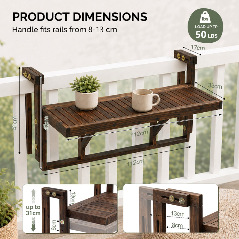 Table suspendue de balcon en bois de sapin de 112 cm, bureau pliable pour rampe de patio, Carbonisé