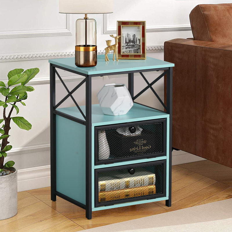 Kempst Nightstand Set 2, Small Bedside Table with Drawers, Narrow Side End Table with Open Shelf, 2 Drawer Dresser for Bedroom/Living Room/Dorms