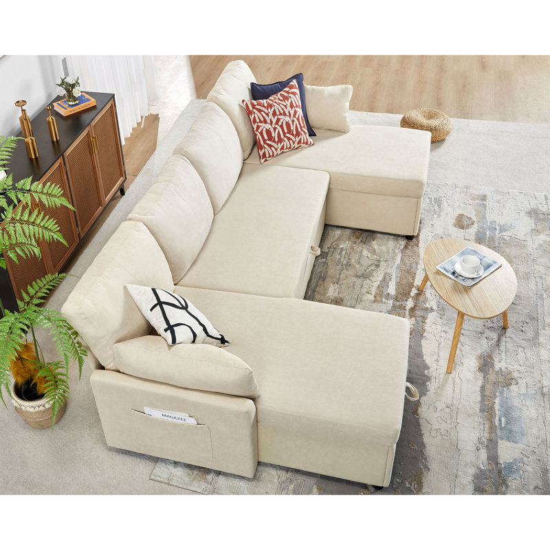 110-Inch Beige Chenille Sectional Sleeper Sofa with Storage Chaise
