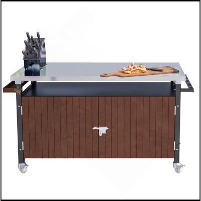 Chariot de barbecue extérieur avec plateau en acier inoxydable, rangement, îlot de cuisine de patio avec roulettes, crochets et étagère à épices, table de barbecue extérieure imperméable, chariot de service mobile pour barbecue