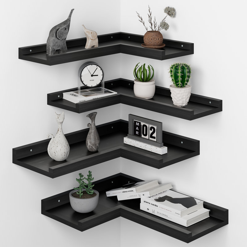 Étagère murale en bois de pin à 4 niveaux en forme de L - Tablettes d'angle flottantes avec rebord