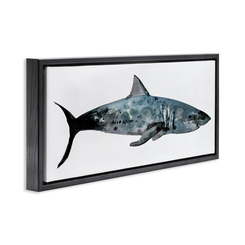 Aquarelle, requin texturé encadré par Stellar Design Studio, Cadre flottant noir de jais, H 11 po x l 25 po
