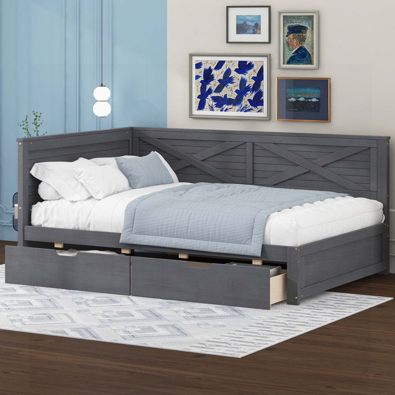 Charmant lit de jour en bois avec deux tiroirs et garde-corps rustique, idéal pour la décoration intérieure et une solution de rangement généreuse