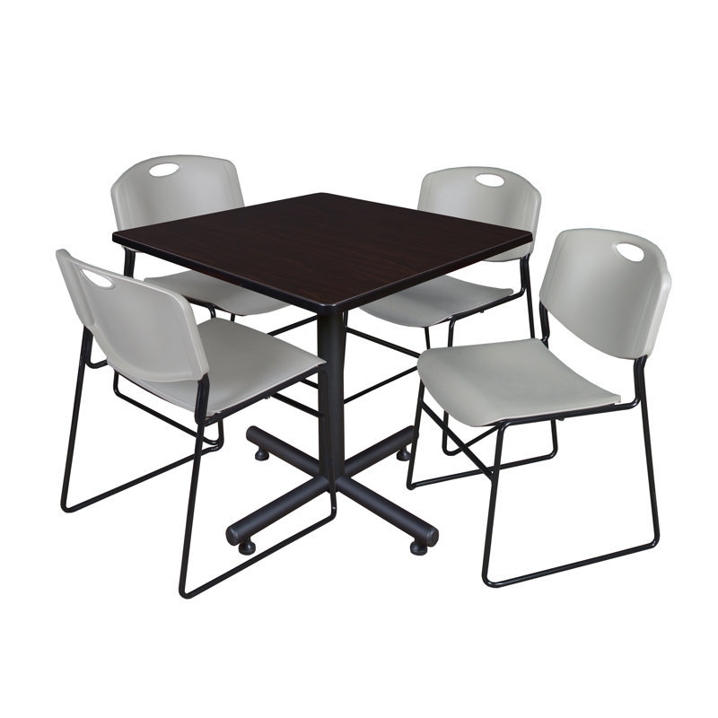 Nicklas square break room table, 4 Zeng stacking chairs, Érable, Gris, 29" H x 36" L x 36" D
