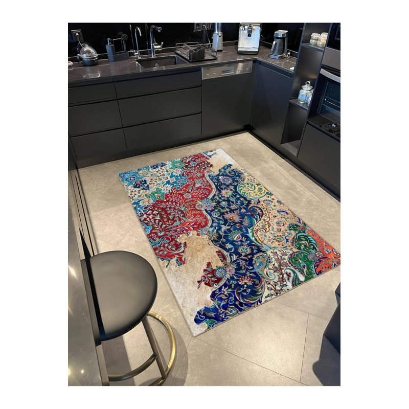 Tile Patterned Modern Patterned Woven Base And Decorative Washable Carpet, Rectangle 3'4" x 6'7"