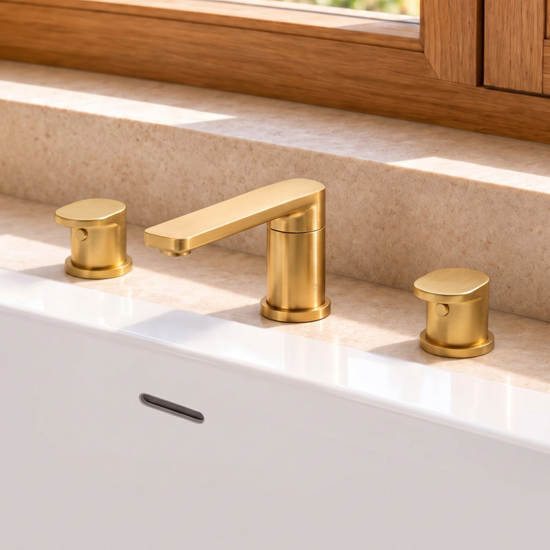 Two-Handle 3-Hole Deck Mount Roman Tub Faucet with 360° Swivel Spout, Brushed Gold