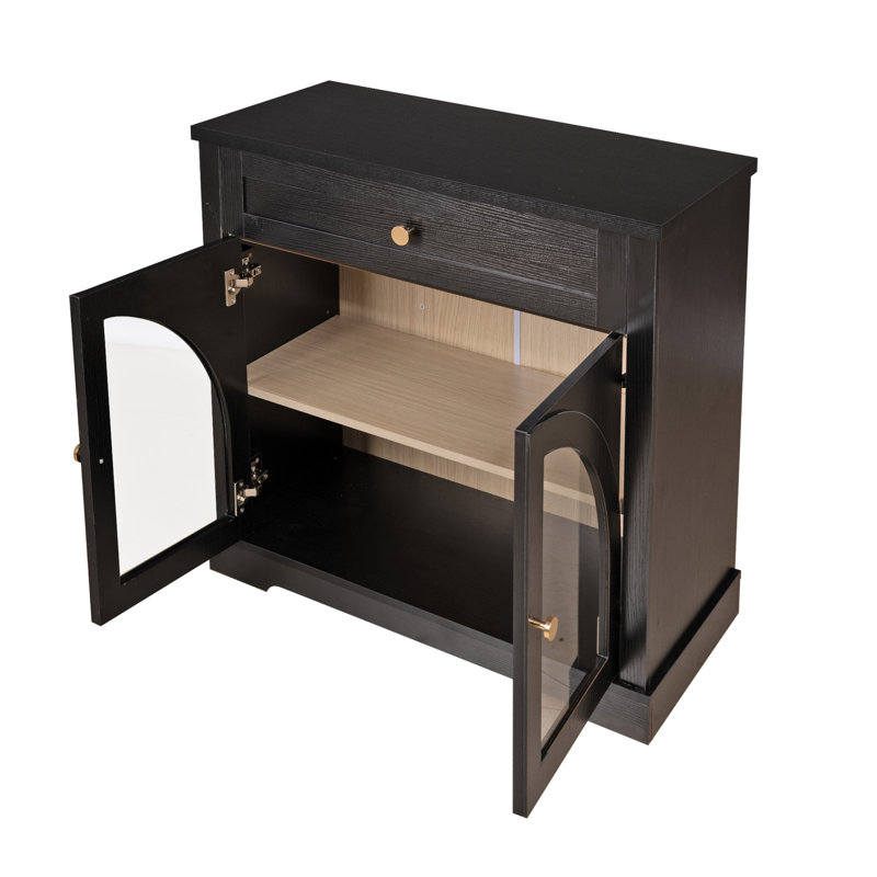 Meuble de rangement d'appoint avec 2 portes vitrées cintrées et 1 tiroir, Noir