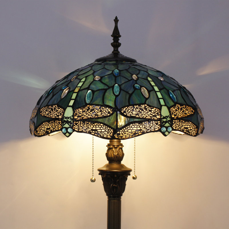 Tiffany Floor Lamp Stained Glass Dragonfly Style 16X16X70 Inch Antique Standing Reading Light, Dark Blue