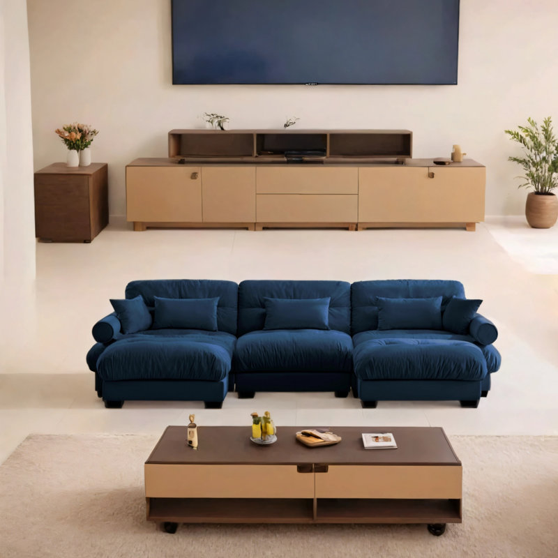 Canapé modulaire moderne en U à trois places avec coussins lombaires, coussins décoratifs et accoudoirs rembourrés avec deux repose-pieds amovibles