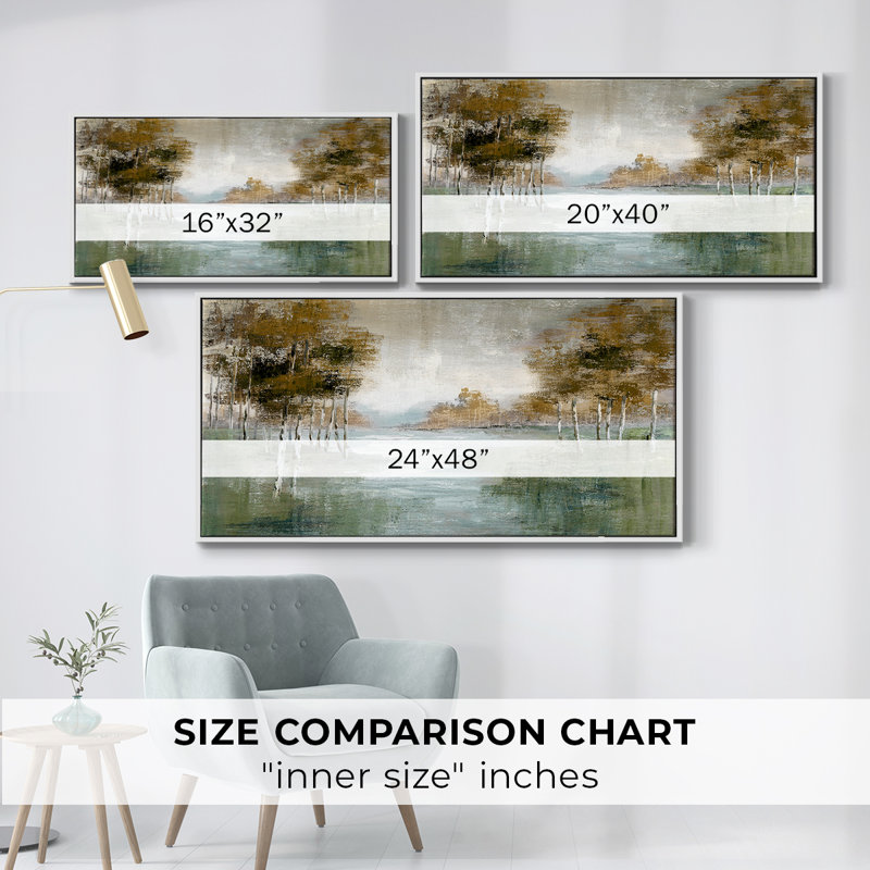 «Fall Birch River» - Toile tendue avec châssis encadré - Prêt à être accroché, H 21 po x l 41 po, Blanc