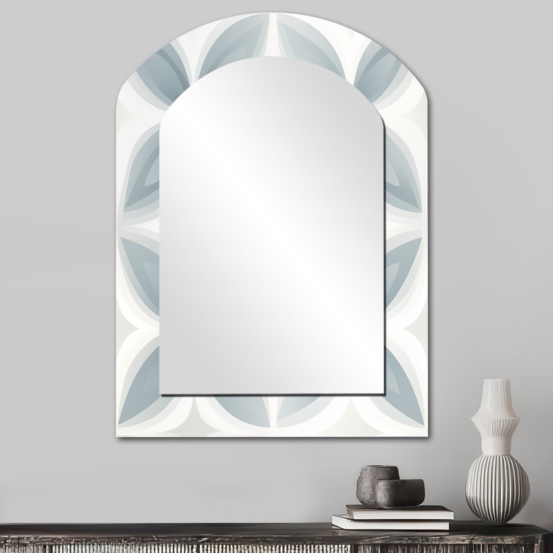 Soft Monochrome - Damask Arch Decorative Wall Mirror, Boho Asymmetrical Mirror, Printed Metal Art, 34" x 25"