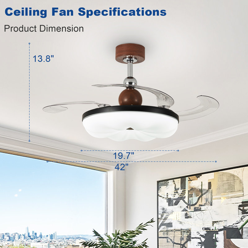 Ventilateur de plafond invisible rétractable de 42 pouces avec lumière, télécommande, 6 vitesses, flux d'air réversible, éclairage à intensité variable, réglable en hauteur pour le salon