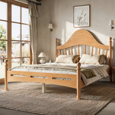 Platform Bed with Chic Headboard, Solid Wood BED Frame with Slatted Support, No Box Spring Needed and Low to Ground Design