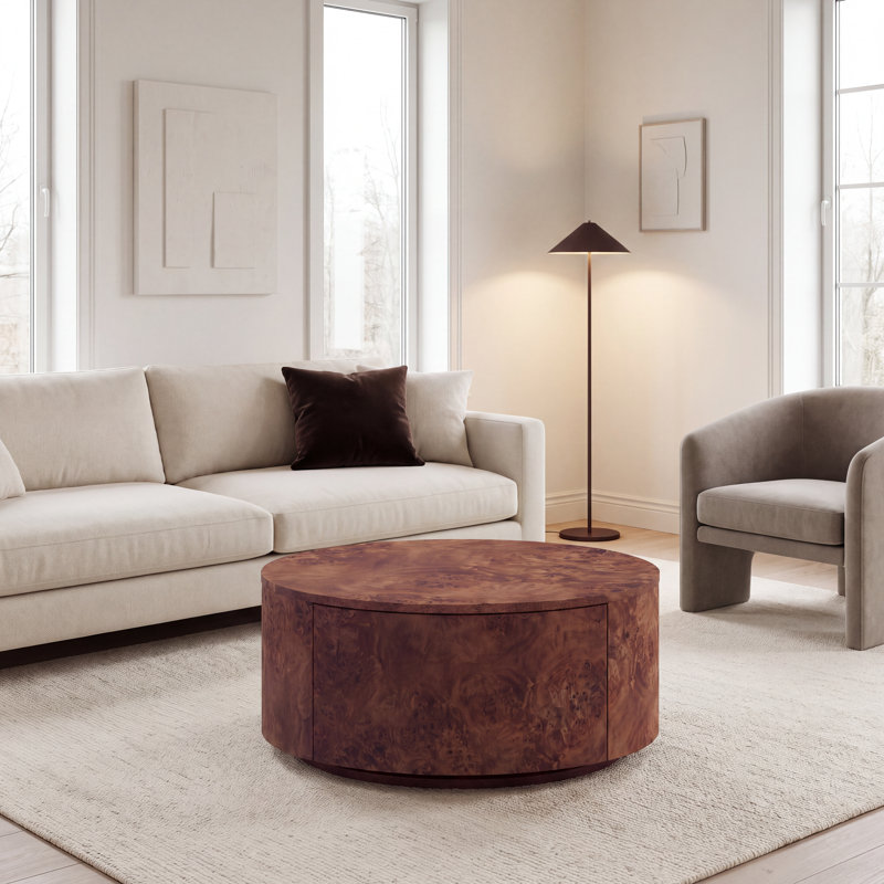 Table basse ronde en bois de ronce avec deux tiroirs cachés et base pivotante, Brown