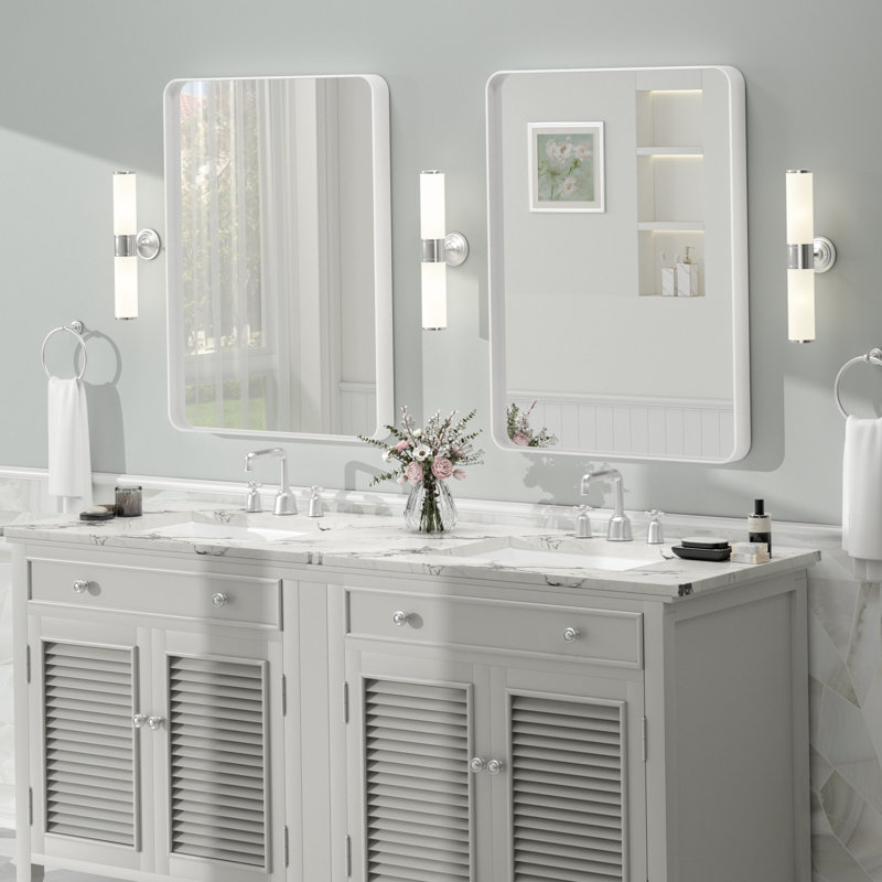 Miroir de salle de bain mural en verre trempé et métal Molly, 32 po x 24 po, Blanc, Rectangle(Rounded Corner)