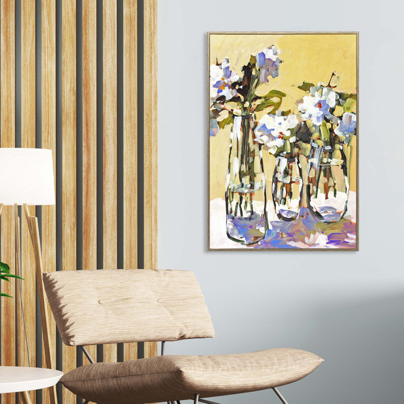 Three Flower Vases Multicolor Print with Silver Plastic Frame