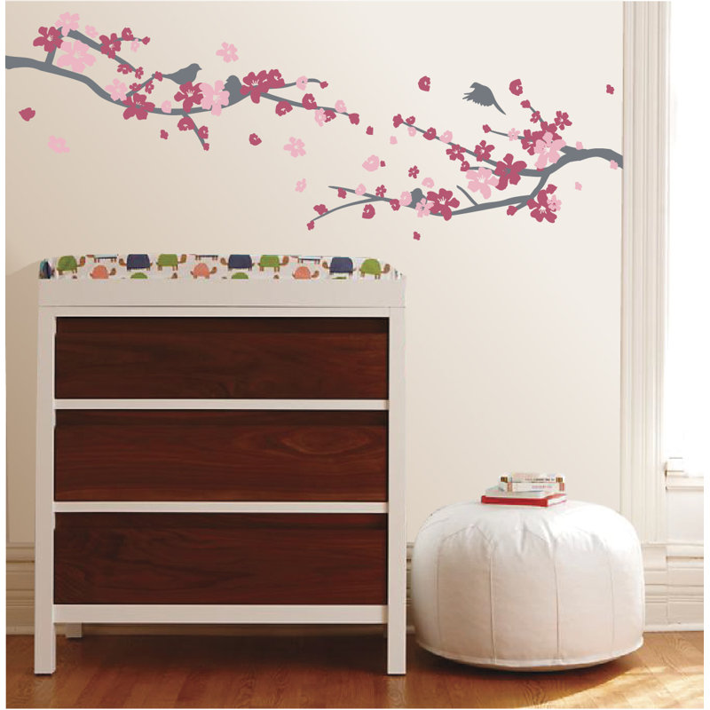 Décalcomanie murale petites fleurs de cerisier, Gris / rose, H 20 po x l 24 po x P 0,01 po