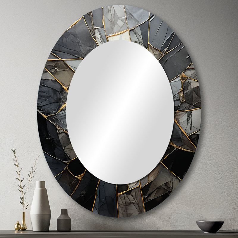 Geometric Glam Contemporary - Grand miroir mural ovale sur métal, 43 po x 33 po