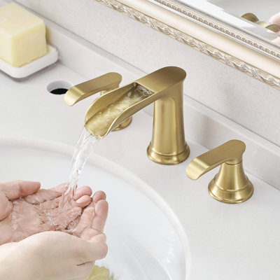 Gold 8 Inch Widespread Bathroom Faucet , 3 Hole, Double Lever Handle, Pop Up Drain And Hose Sink Faucet, Brushed Gold, Handle Kit
