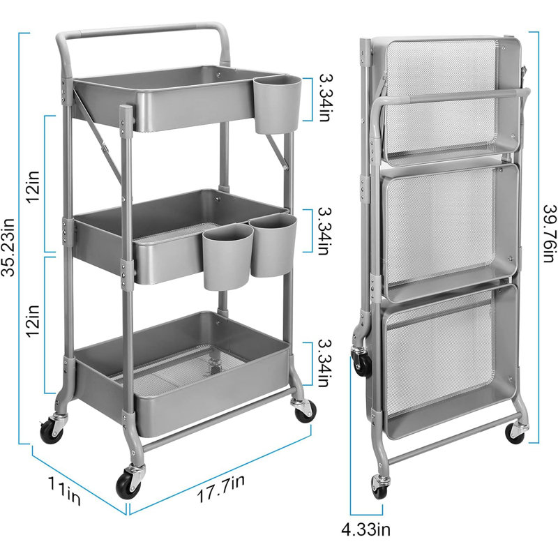 Chariot roulant pliable à 3 niveaux, Gris, H 39,76 po x l 17,7 po x P 11 po