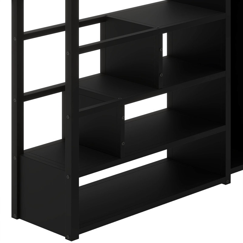 Lit mezzanine double en métal avec bureau intégré et garde-robe
