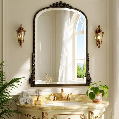 Arched Rectangular Wall-Mounted Bathroom Mirror with Antique Beaded Frame