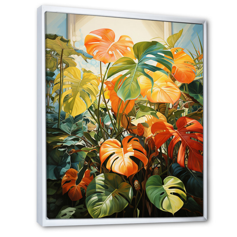 Feuillage tropical orange et vert III, Cadre flottant blanc, H 32 po x l 24 po x P 1 po