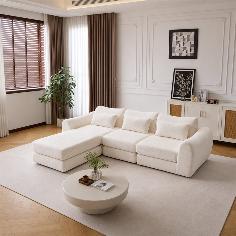 Canapé modulaire en chenille pliable blanc «Wave Star» (siège central, modules latéraux et repose-pieds inclus); Rapide à installer; convient aux salons et aux chambres à coucher.