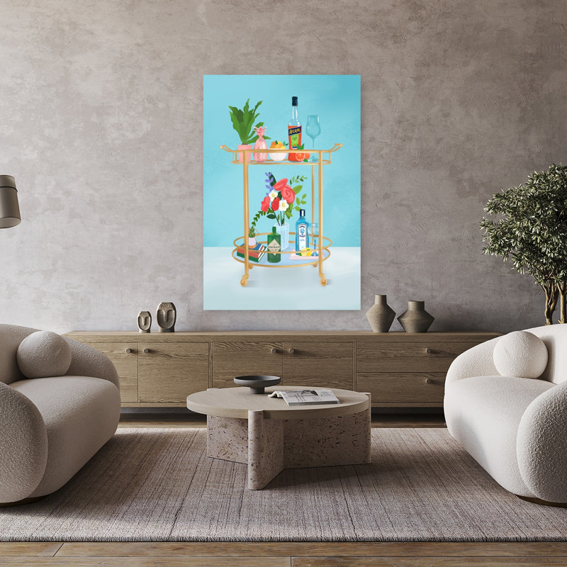 Bar chariot moderne, plante vibrante, art mural d'été, H 48 po x l 32 po