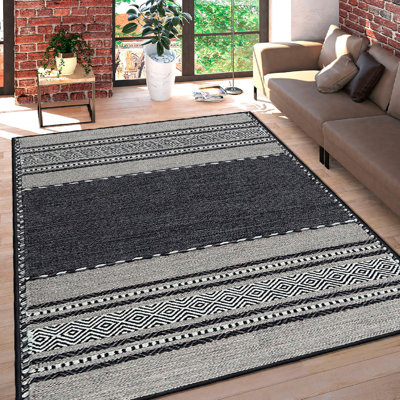 Premium Cotton Area Rug (3.9 x 5.9 ft), White & Grey & Black | 100% Cotton, 1.3 lbs/sq ft | Antibacterial, Non-Slip PVC Underside, Plush Pile Height: 0.4 in | Machine Washable, Soft Dot Base, Ideal for Living Room & Bedroom