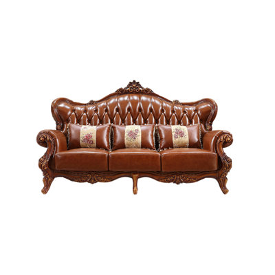 Solid Wood Double-sided Carved Leather Sofa 86.61'' Genuine Leather Rolled Arm Sofa -  FURNITURE LEISURE, INC., XJY5DREE16Y