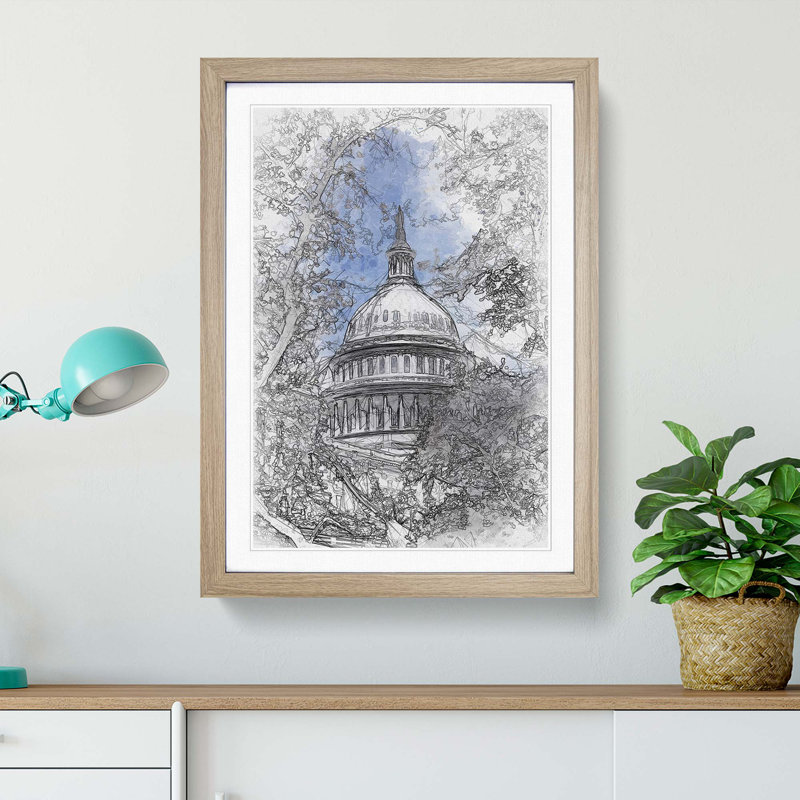 Capitol Hill & Cherry Blossom Tree in Abstract - Picture Frame Graphic Art Print, 87cm H x 62cm W x 2cm D, Oak Framed